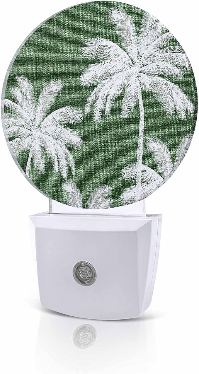 Night Lights Auto Sensor Tropical Palm Trees Night Light Forest Green Linen Coastal Round Lamp Plug-in LED Nightlights Dusk to Dawn for Living Room Bedroom Bathroom Hallway Wall Decor