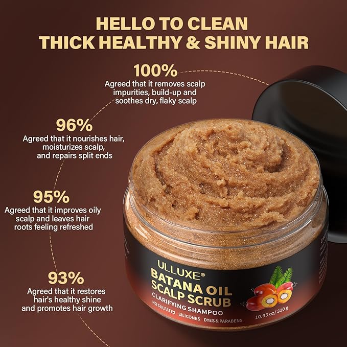 Scalp Scrub, Batana Oil Scalp Exfoliator 2-in-1 Clarifying Shampoo with Rosemary Mint, Hair Care Scalp Cleanser for Itchy Oily Scalp, Removes Build Up & Dandruff, Includes Scalp Massager, 10.93 oz
