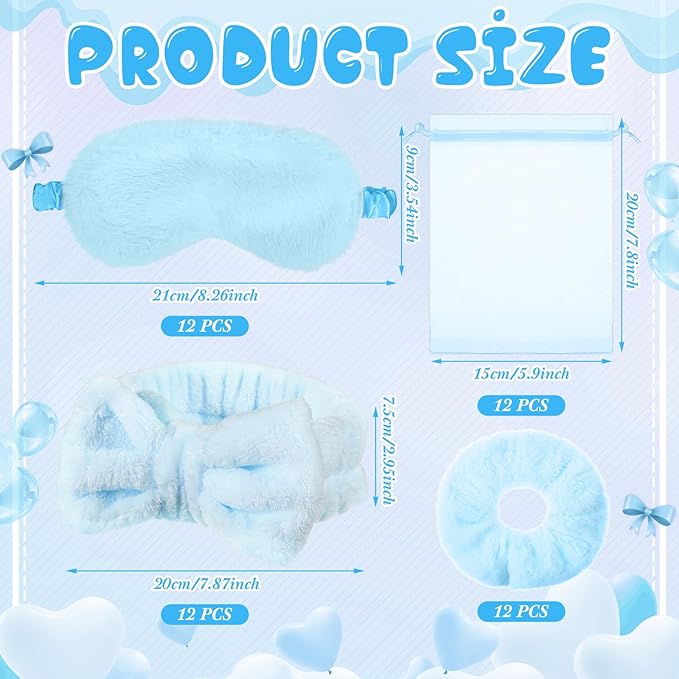 Mimorou 48 Pieces Spa Party Supplies Gift for Mother's Day 12 Spa Headband 12 Plush Sleep Eye Mask 12 Velvet Scrunchies 12 Organza Bags for Sleepover Slumber Party Graduation Gift(Blue)