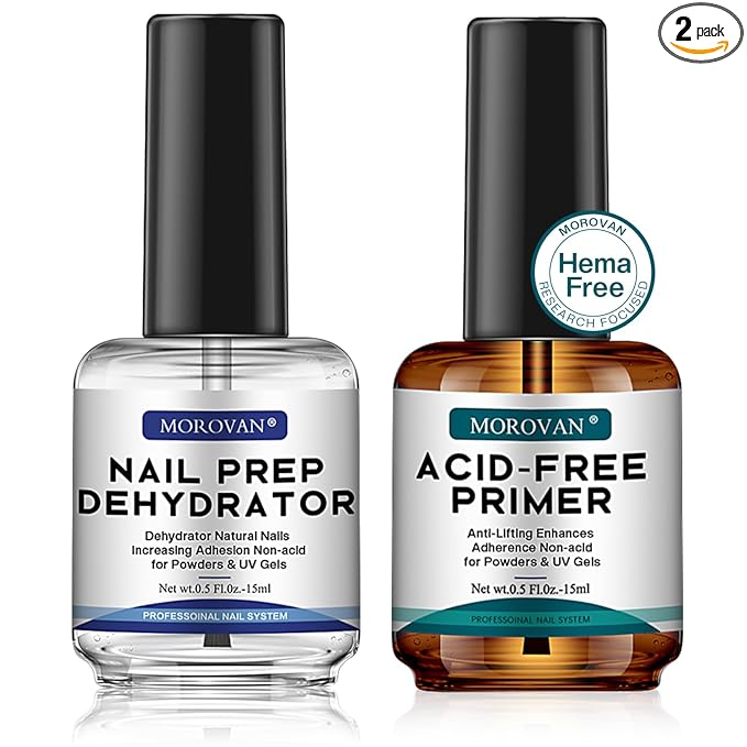 Morovan Professional Natural Nail Prep Dehydrate and Acid-Free Primer, Dehydrator for Acrylic and Gel Nail Polish, Non Acid Primer for UV Gels Fast Dry Superior Bonding Agent Gift Box Set