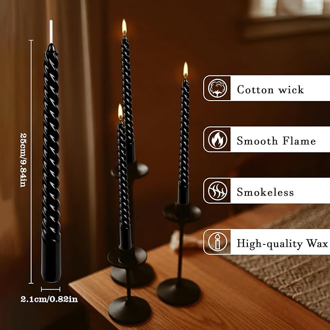 WPONSZU 10 Inch Black Spiral Taper Candle Set, 12 Pack Unscented Dripless Candlesticks for Halloween,Dinner,Party Brithday Wedding and Home Decoration