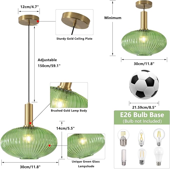 KCO Lighting Modern Gold Globe Pendant Light Black Green Glass Bathroom Fixture Adjustable Brass Round Lights Kitchen Island Large Farmhouse Ceiling (L1143-G)