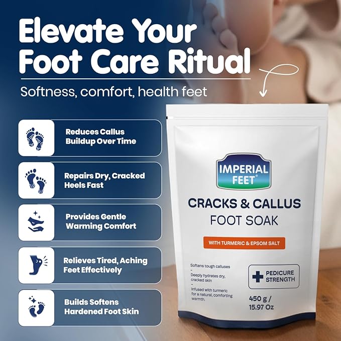 Imperial Feet Epsom Salt Foot Soak (PEDICURE GRADE)-Cracked Heels, Thick Calluses, Soften Hard Skin, Rough Feet & for Deeply Hydrates Dry Cracked Skin Foot Soak Salts with Turmeric 16oz (Orange Detox)