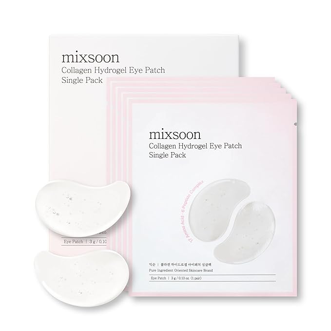 mixsoon Collagen Hydrogel Eye Patches Single Pack Travel Size Hydrating Gel Eye Mask with Collagen, Peptides and Amino Acids for Under Eye Skin Care 3g*5 pairs(eatch pack) Korean Glass Skin Care