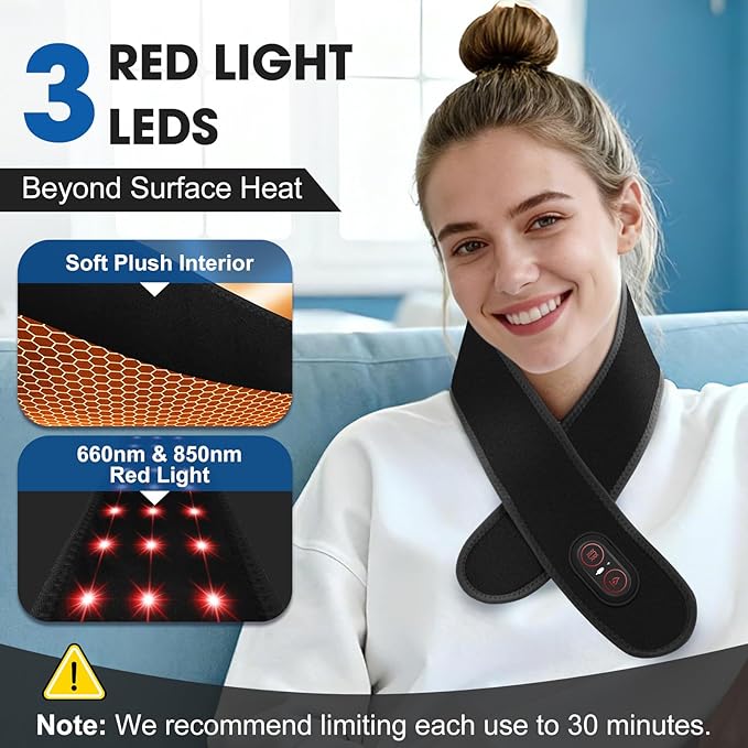 Cordless Neck Heating Pad for Pain, Neck Massager with 660nm 850nm Red Light, Neck Heating Pad for Pain Electric, Heated Neck Brace Wrap for Soreness Stiffness Pain Relief
