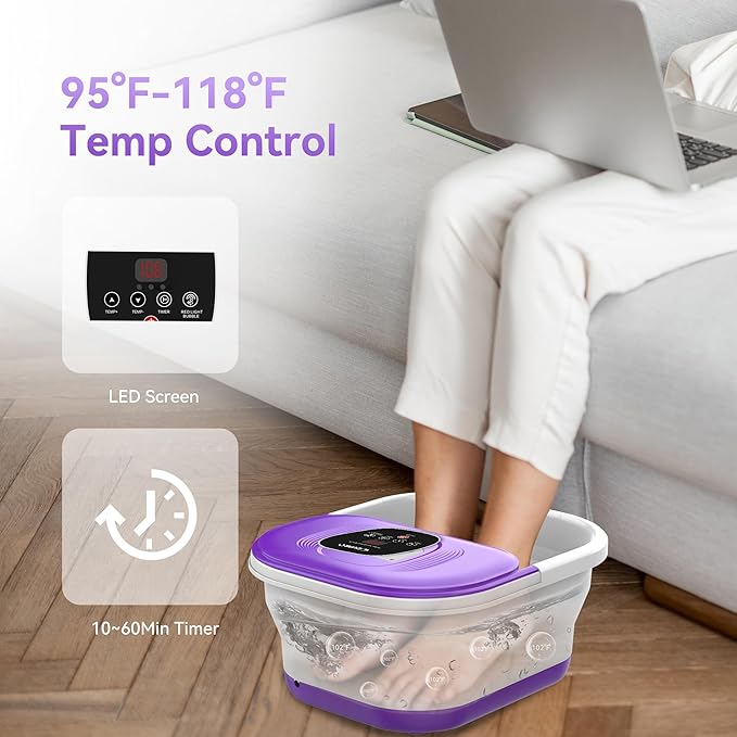 CuPiLo Foot Spa Bath Massager with Heat, Collapsible Foot Massager Spa Soaking Tub with Bubbles, Red Light, Pumice Stone, Shiatsu Massage Rollers, Pedicure Foot Spa for Relaxation, Gifts(Purple)