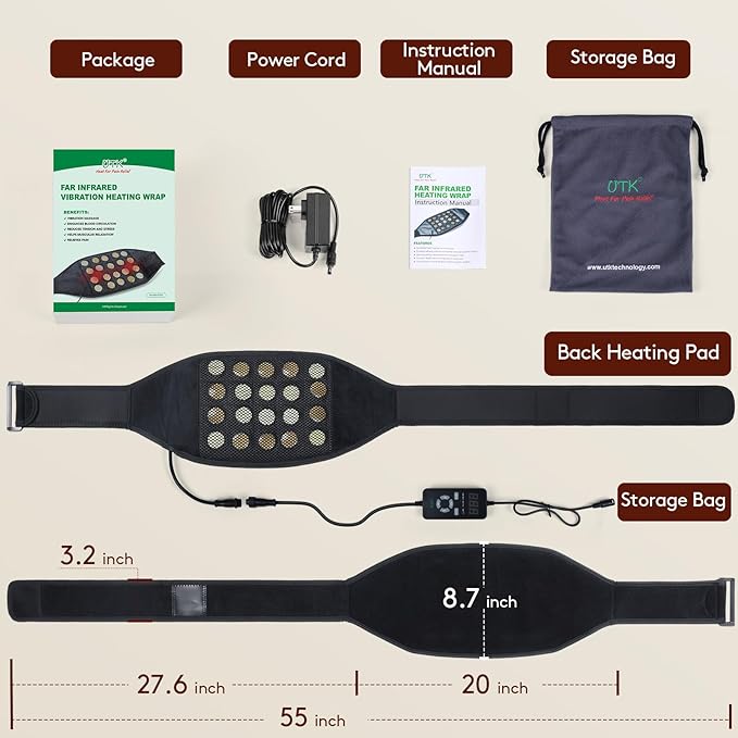 UTK Vibrating Far Infrared Heating Pad for Back Pain Relief, Hot to 159℉, Lower Back Massager Gift for Women Men, FSA-HSA Eligible, 3 Vibration, 16 Timers Auto-Off, 20 Jades, 35-55" Adjustable Size