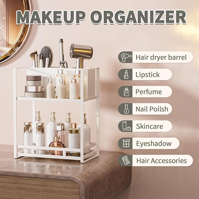 SanDream Hair Tool Organizer Bathroom Countertop, 2-Tier Metal Bathroom Organizer with Blow Dryer Holder, Large Capacity Space-Saving Vanity Shelf for Perfume, Skincare & Makeup Storage (White)