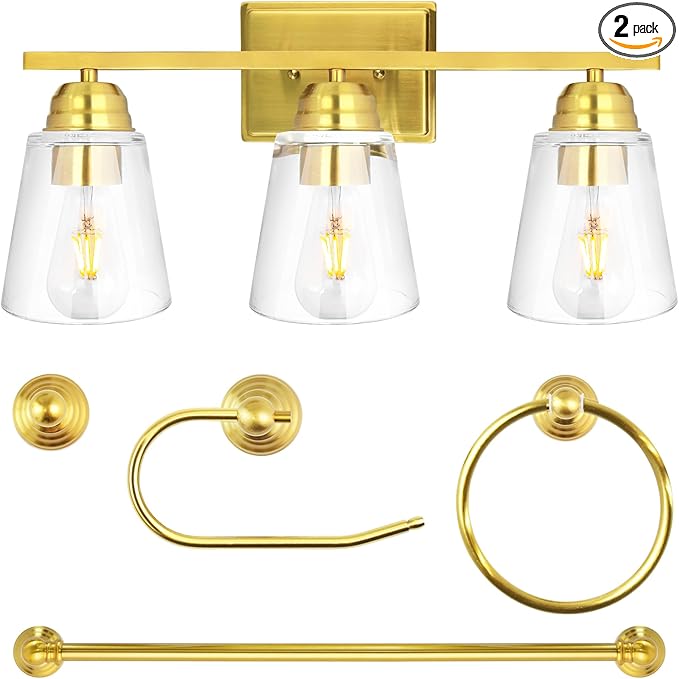 hykolity 3-Light Bathroom Vanity Light, 5-Piece All-in-One Bathroom Set, 20 Inch Modern Wall Lamp, Gold Wall Sconces with Clear Glass Shade, Wall Lights for Bedroom, Living Room, Bathroom Mirror