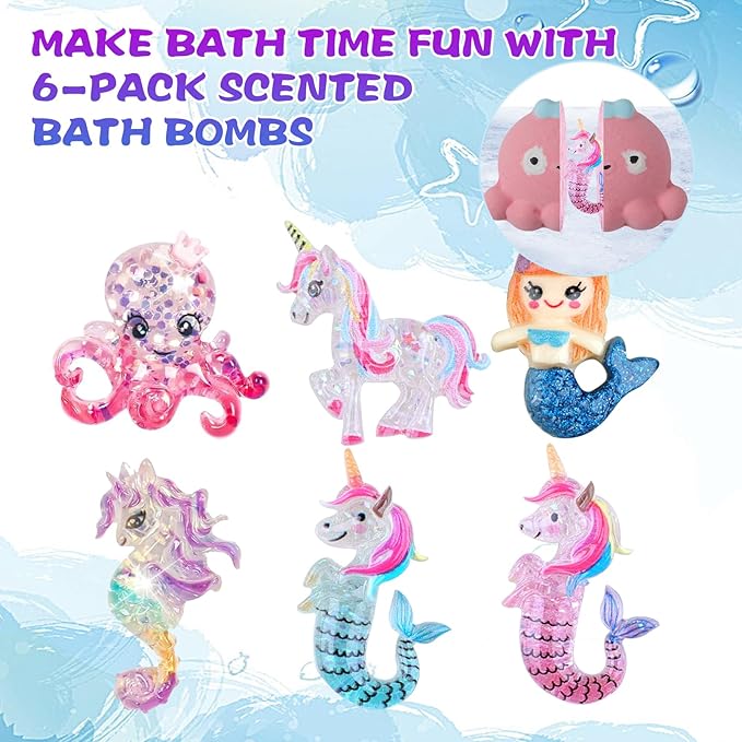 Bath Bombs for Kids Girls,Bath Toys for Kids, 6PCS XXL Mermaid Bath Bombs with Surprises - A Magical Bath Time Experience(Sea Animals)