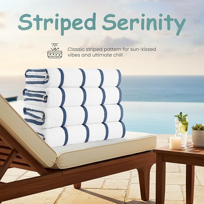 CASA COPENHAGEN Cabana Pool 4Pcs 100% Egyptian Cotton Large Designer Beach Towels Gift Set- White Navy, 500GSM, 55"x27", 4 Beach Bath Towels (Box Pack, Set for Women & Men)