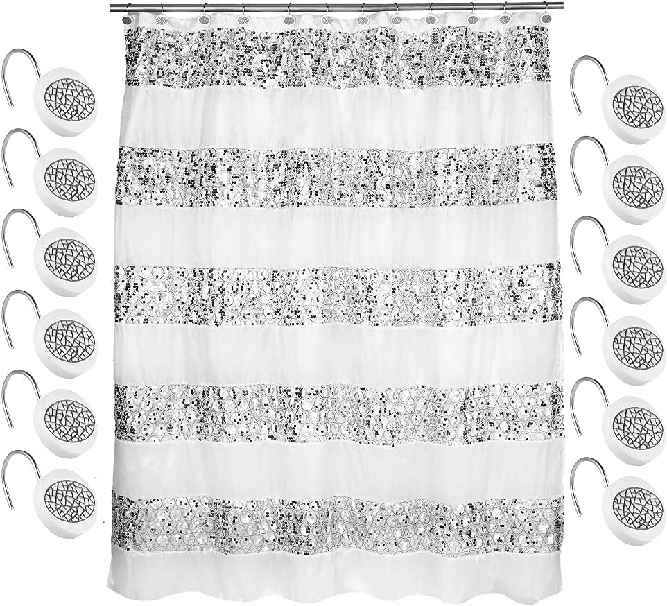 Zahari Home Sinatra Bathroom Shower Curtain Set - 13pc Classic White Shower Curtain & Hooks - Unique Design by ZahariHome