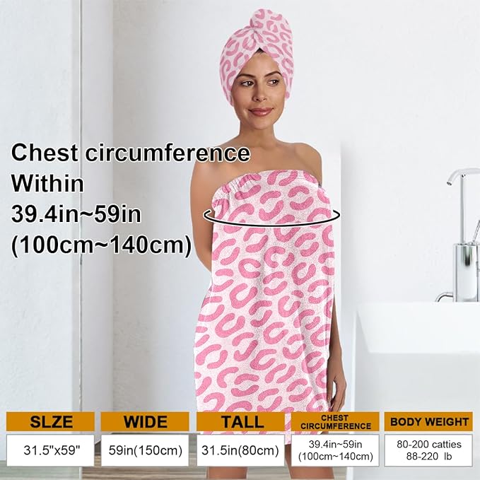Pink Leopard Print Towel Wrap Skirt for Women with Hair Turban – Microfiber Bath Wrap Set with Adjustable Closure – Quick Dry Spa Towel for Shower, Gym, Dorm, Travel