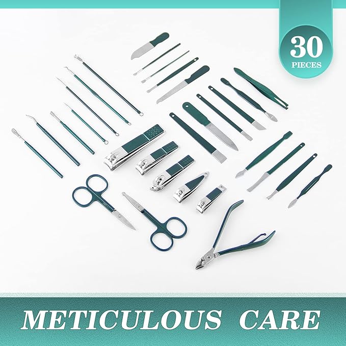 WOAMA Manicure Set Nail Clippers 30-piece Pedicure Kit Manicure Tools Nail Manicure Kit with Green Travel Case for Home, Workplace, Gift, Beauty Salon