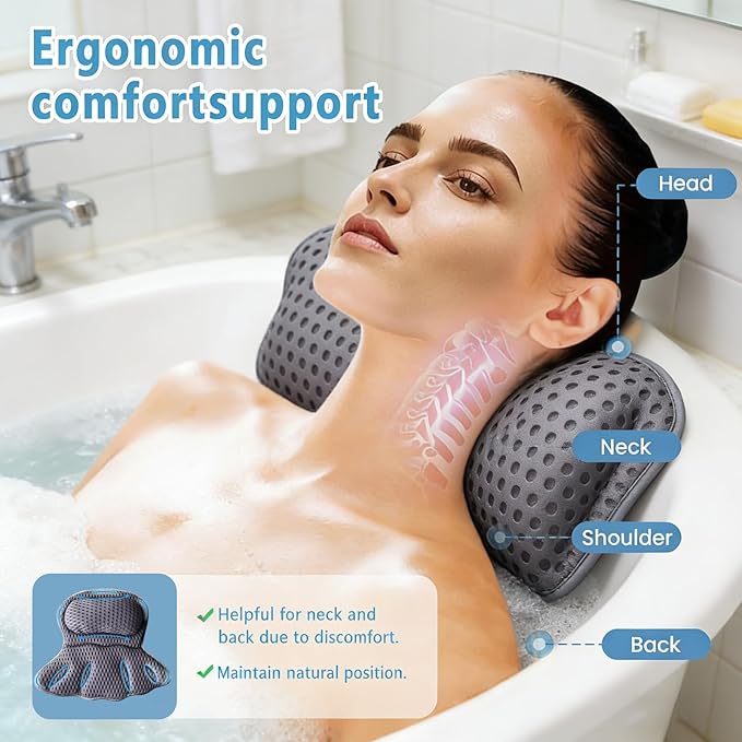 Luxury Bath Pillow for Tub - 4D Air Mesh Head/Neck/Back Support with 6 Non-Slip Suction Cups (Gray)