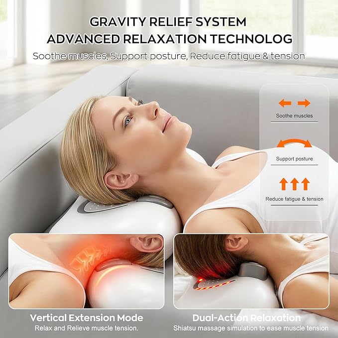 4-in-1 Shiatsu Neck & Back Massager with Heat, Vibration, EMS & Airbag Traction, Portable Cordless Electric Massage Pillow Ergonomic Design for Deep Tissue Pain Relief Muscle Relax