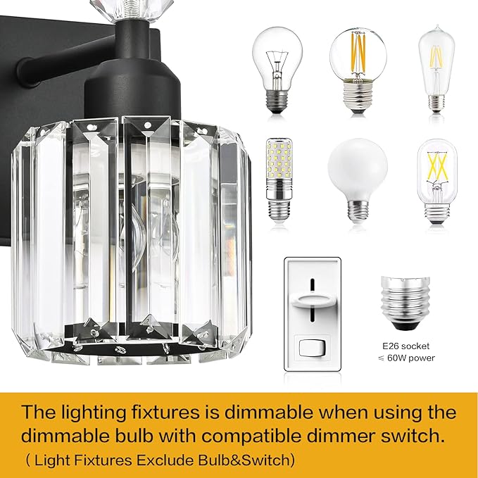 PRESDE Crystal 3 Light Bathroom Vanity Lights Modern Matte Black Bathroom Lights Fixtures Over Mirror Wall Lamp for Bath Bedroom Hallway