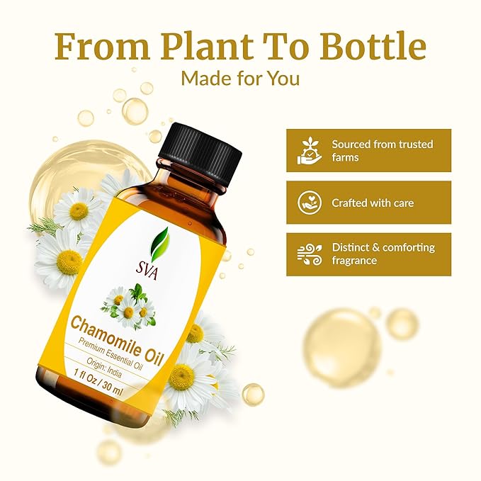 SVA Chamomile Essential Oil – 1 Fl Oz – 100% Natural Chamomile Oil - for Diffuser, Hair Care, Face, Skin Care, Aromatherapy, Scalp and Body Massage, Soap and Candle Making – with Dropper