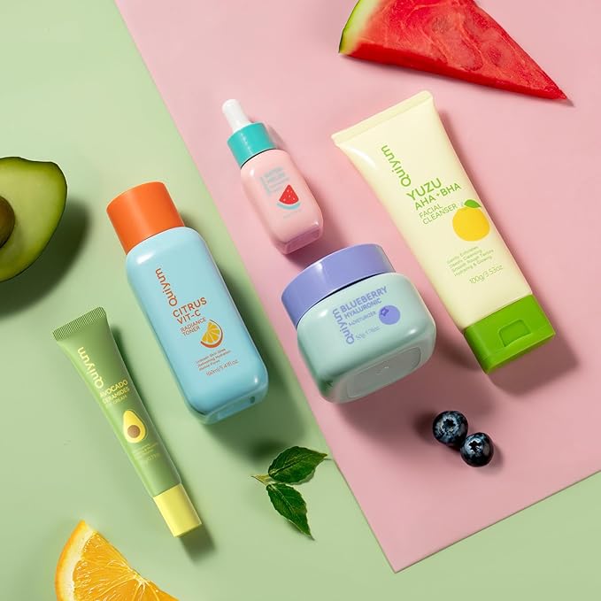 QUIYUM Fruit Skincare for Teens, 5 Daily Routine Beauty Skin Care Sets - Exfoliating, Smooth, Clean, Oil Control, Firm, Hydrating, Glow Up, Facial Skincare Gift Set for Girls Women, for All Skin Types