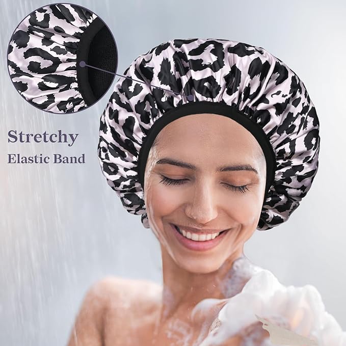 Pink Leopard Print Satin Shower Cap, Three-Layer Terry Cloth Lined, with Silk Hair Ties, Microfiber Waterproof Reusable Large Size Shower Cap for Women Long Thick Hair
