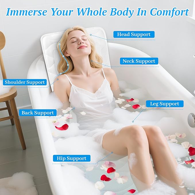 TranquilRelax Bath Pillow for Tub with Laundry Bag & 17 Non-Slip Suction Cups, Extra Thick and Soft Bathtub Pillow for Head, Neck & Shoulder Support, 51" x 16" White