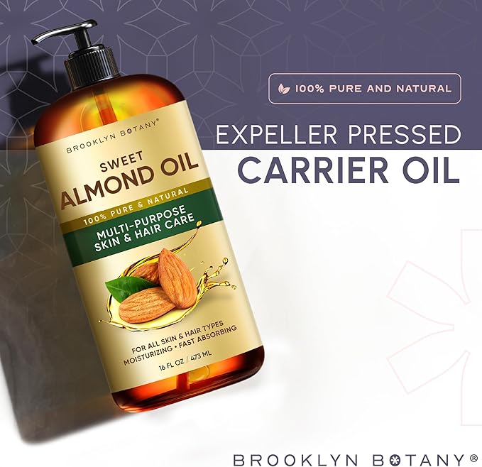 Brooklyn Botany Sweet Almond Oil | for Skin, Hair and Face | 16 Fl Oz | 100% Pure and Natural | Carrier Oil for Essential Oils, Aromatherapy and Massage | Hexane Free