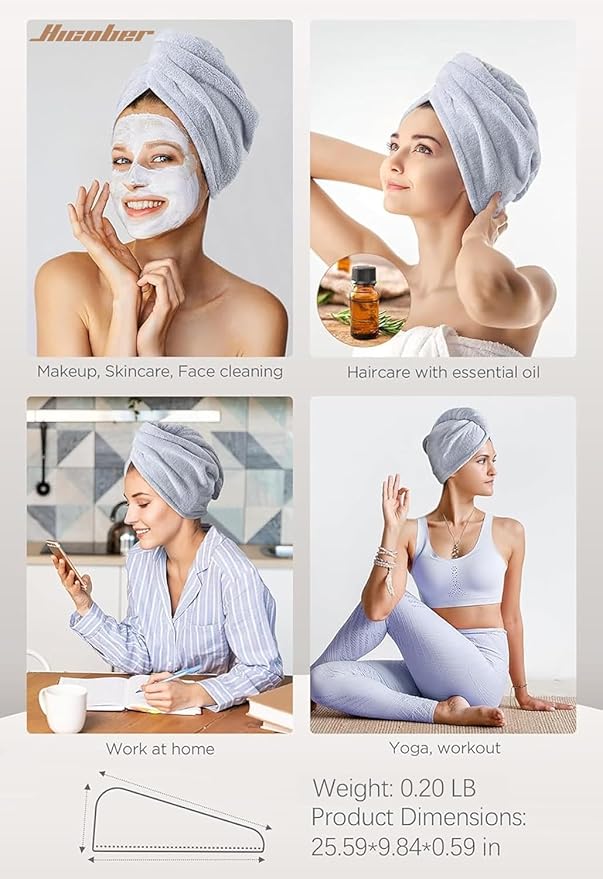 Hicober Microfiber Hair Towel, 3 Packs Hair Turbans for Wet Hair, Drying Hair Wrap Towels for Curly Hair Women Anti Frizz (Grey,Blue,Grey)