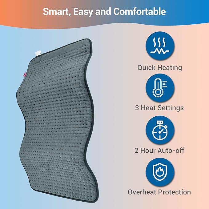 Comfytemp Extra Large Heating Pad for Back & Period, 33''x 17'' Electric Heating Pads for Neck/Shoulder, FSA Eligible Electric Throw, Mothers Day Gifts for Mom Women, Washable, Auto Shut Off, Gray