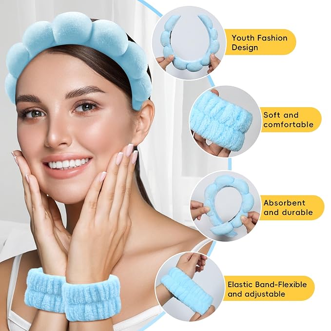 my novel things Spa Headband For Washing Face, Skincare headband and Wristband set With Hair Clips for Women Girls, Soft-Puffy Velvet Makeup Headbands Hair Band