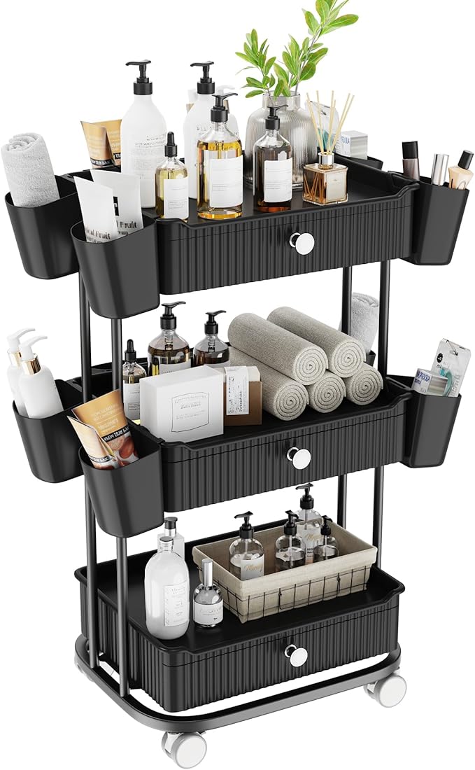 3 Tier Drawer Shelf Beauty Cart with 12 Movable Storage Organizer, Thickened Durable ABS, 360° Wheels for Salon Station for Hair Stylist, Beauty Salon, Spa Massage Parlor, Makeup Organizer - Black