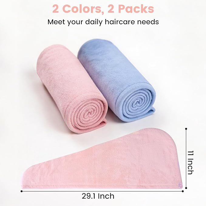Microfiber Hair Towel Wrap for Women, 2 Pack Large Fast Drying Hair Towel Turban Shaped, Ultra Soft Thick Absorbent Anti-Frizz Towel for Curly Long Wet Hair, Durable Double Stitched Edges(Pink/Blue)