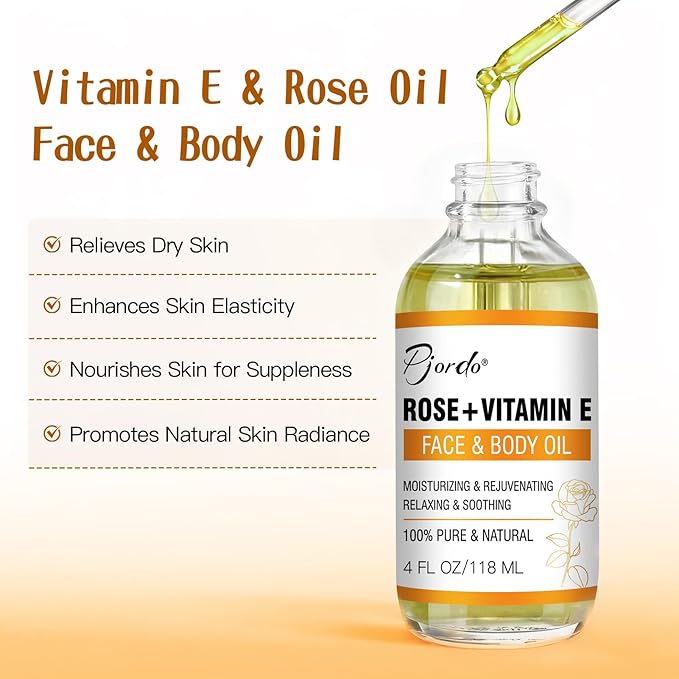 Pjordo Vitamin E Rose Oil & Gua Sha Massage Tools Set, Gua Sha Oil for Face & Body, Organic Vitamin E Oil for Moisturizing and Hydrating, Anti Aging, Self Skin Care Gifts for Her Women