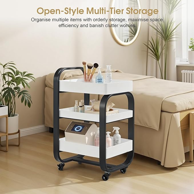 BarberPub Salon Storage Trolley with Shelves, Beauty SPA Rolling Cart with Lockable Wheels, 3-Tier Stylist Tool Organizer, Barber Mobile Station Equipment 2085 (Black)