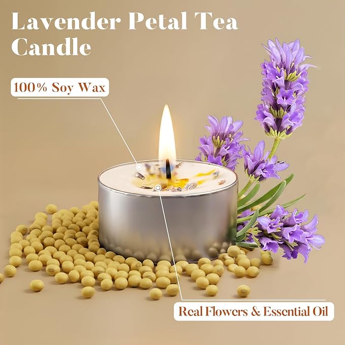 8 Pack Lavender Tealight Candles with Real Dried Petals, Natural Soy Wax, 6-Hour Burn Time for Home, Wedding & Bath Decor