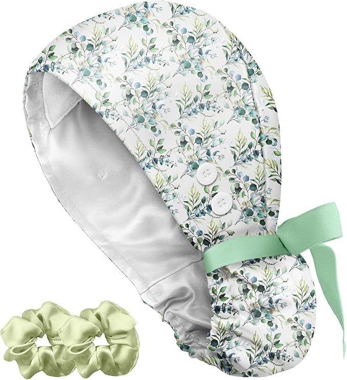 Plifal 100% Cotton Scrub Cap with Buttons-Nurse Cap with Sweatband for Women, Adjustable Working Hat,Satin Lined or Unlined
