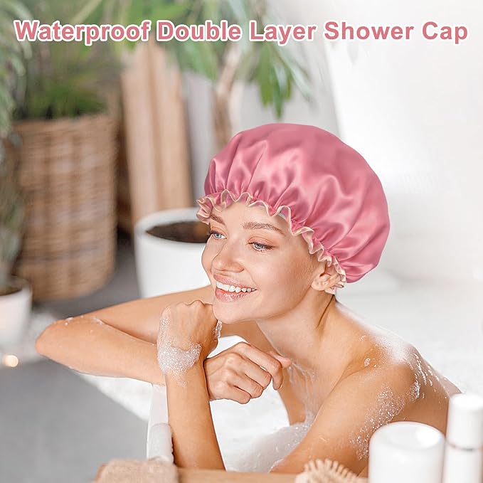 Waterproof Shower Caps for Women, Solid Color Dual-Layer Elastic Band Design Bath Hair Hat, Protects Hair In Shower, Spa, Cooking, Clean & Travel (Deep Pink)