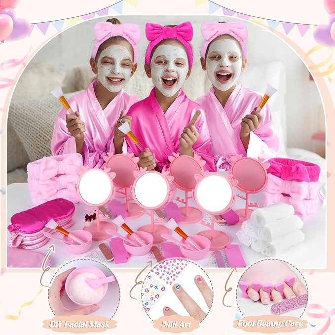 Spa Party Supplies for Girls, 6 Satin Robes Kids Spa Birthday Sleepover Supplies Kit