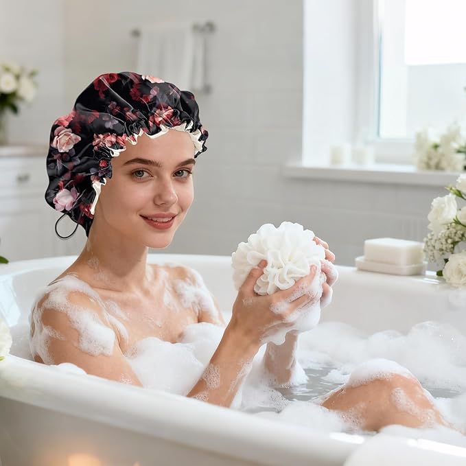 Shower Cap Reusable Double Layer Adjustable Elastic Waterproof EVA Hair Bath Caps for Women Girls Cute Aesthetic-Rose