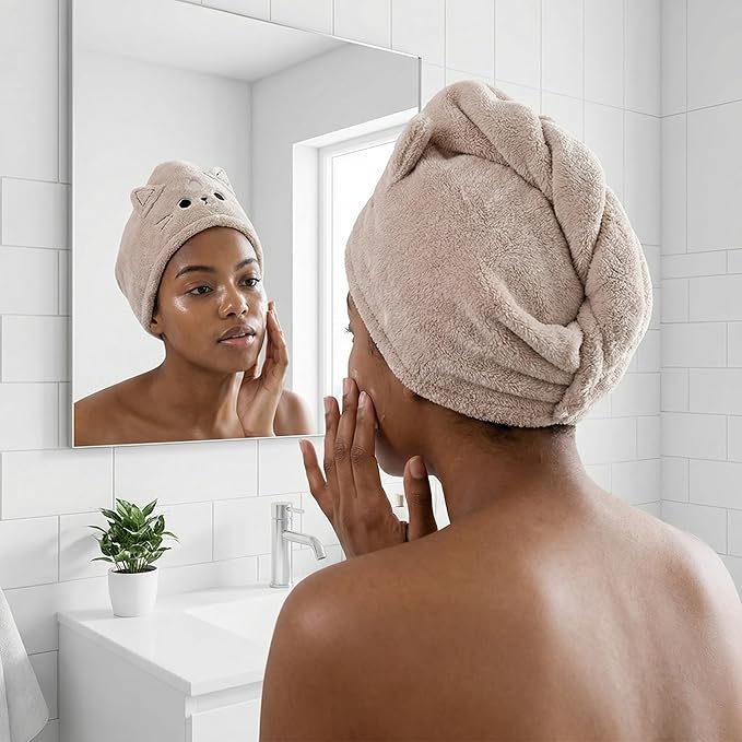 ARTIBETTER 3Pcs Cute Cat Hair Wrap Towels for Kids, Thickened Coral Fleece, Quick Dry Towel, Strong Water Absorption, Soft Shower Cap, Mixed Color for Bath & Household Daily Use