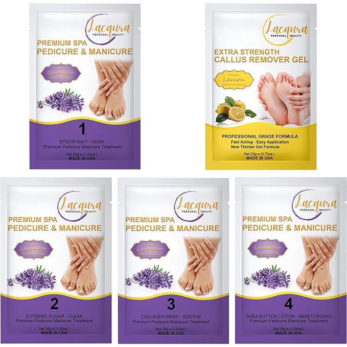Deluxe Pedicure Kit 5 Step Spa Set – Epsom Salt Soak, Callus Remover Gel, Sugar Scrub, Collagen Mask & Shea Butter Lotion – Professional At Home Foot Care (Lavender, 50 Sets)