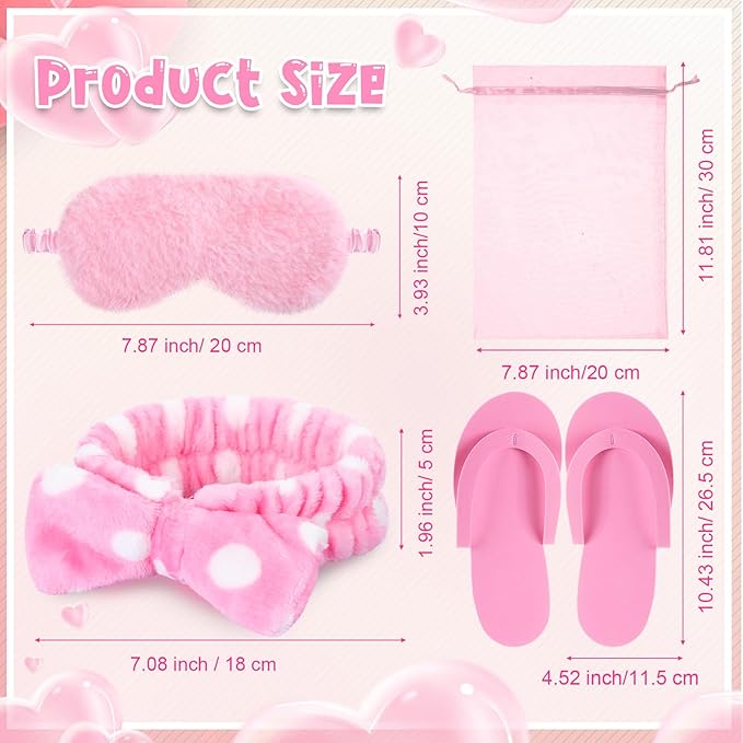 Moucuny 42 Pcs Summer Spa Sleepover Party Supplies Bulk for Women Include 6 Pink Hairbands 6 Eye Masks 12 Wristbands 6 Bath Loofahs 6 Pairs Disposable Slippers 6 Organizer Bags(Bright)