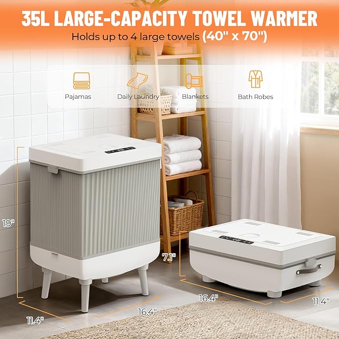 Large 35L Blanket & Towel Warmer for Bathroom – Foldable Fabric Warmer with Timer, Rapid PTC Heating, Fits Blankets, Robes & Towels, Safe Overheat Protection