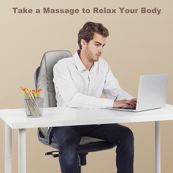 Heycool Vibration Back Massager with Heat, Massage Chair Pad with 10 Vibration Motors & 2 Heating Levels, Chair Massager for Recliner, Sofa, Beige