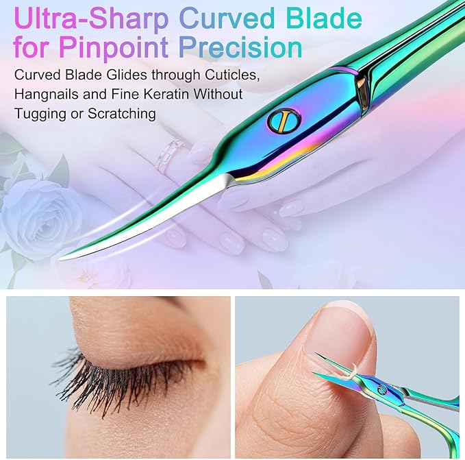 Cuticle Scissors, Extra Fine Curved Manicure & Pedicure Nail Scissor for Women/Men, Professional Small Grooming Tool for Nail Care, Eyebrow Trimming (Colorful)
