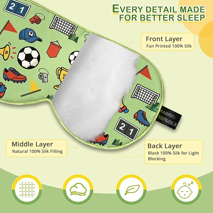 Kids Silk Sleep Mask: 100% Mulberry Silk Eye Mask with Adjustable Strap, Cute Sleeping Blindfold for Boys Girls Teens, Soft & Lightweight Eye Shade for Travel, Nap, Bedtime (Soccer Cute Print)