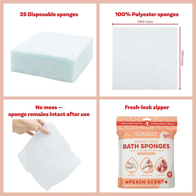 Scrubzz Disposable No Rinse Bathing Wipes - All-in-1 Single Use Shower Wipes, Simply Dampen, Lather, and Dry Without Shampoo or Rinsing (Peach, 2-Pack)