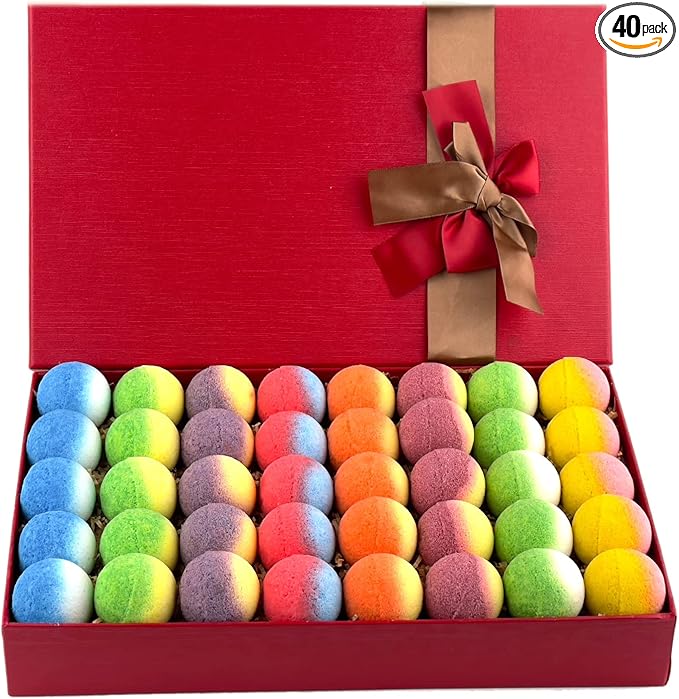 Bath Bomb Gift Set, Family Pack Mini Bath Bombs with Reusable Bowknot, 40 Pcs Organic & Natural Bath Bombs for Kids, Women and Men, Best Gift for Any Anniversaries
