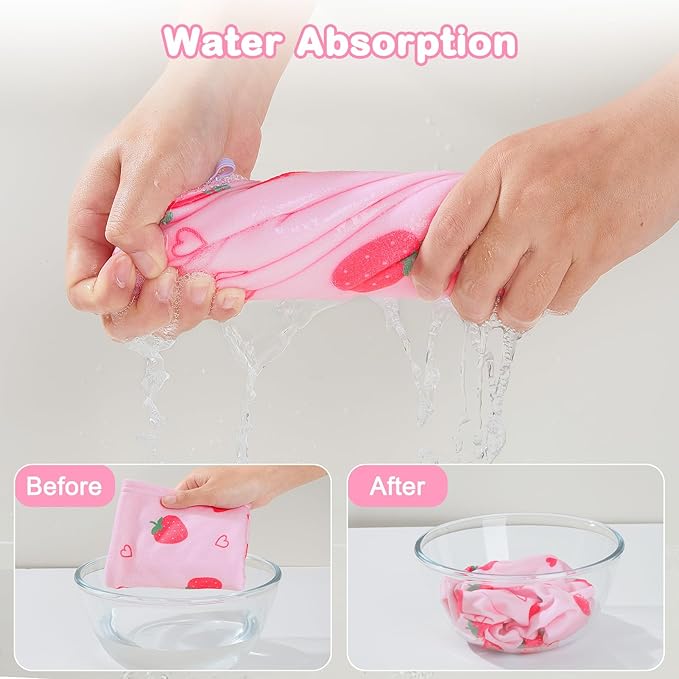 FIOBEE Microfiber Hair Towel Wrap for Kid Rapid Drying Towel Absorbent Hair Turbans for Wet Hair with Button Women Girls Long Curly Hair Pack of 2, Pink Strawberry