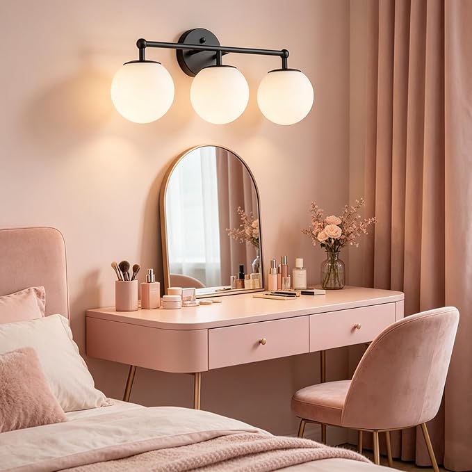 AKEZON 3-Light Black Bathroom Vanity Light Fixture, Modern Minimalist Vanity Lights with Milky White Glass Globe Shade, Wall Sconce Over Mirror Lighting for Bathroom Dressing Table Bedroom Living Room