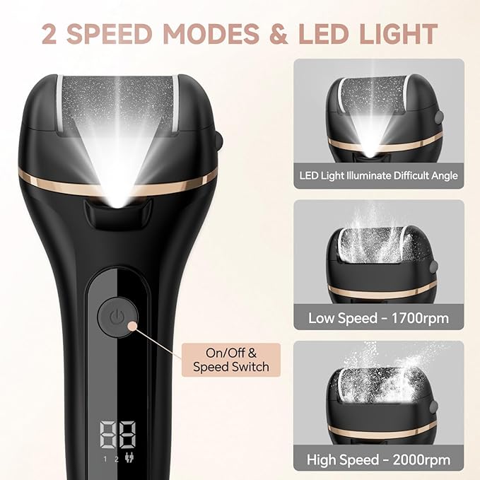Electric Callus Remover for Feet with 3 Rollers, Waterproof Electric Foot Callus Remover, Rechargeable Portable Foot Scrubber, Professional Pedicure Tools, Foot Care for Dry/Dead Skin, 2 Speed, Black